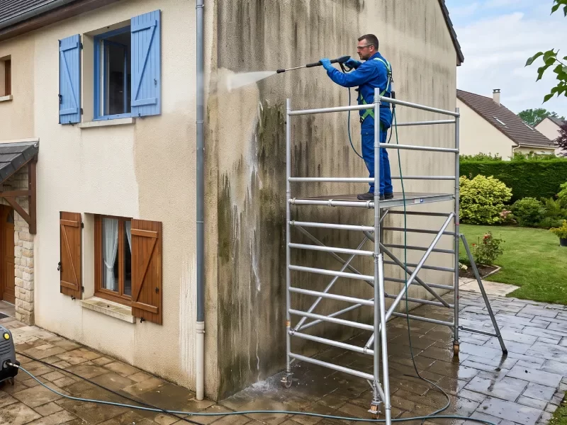 Artisan professionnel réalisant un nettoyage de façade sur une maison toulousaine